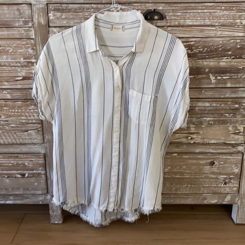 Altard State button up top. White with blue stripes